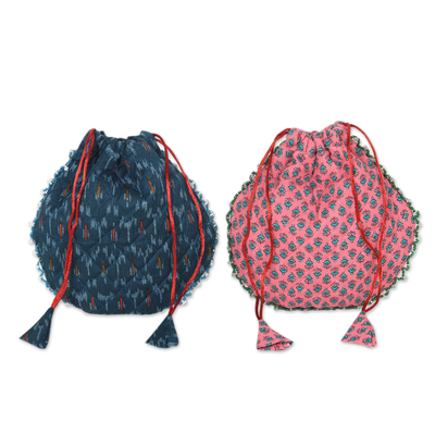 2 Hand Block Printed Cotton Drawstring Pouches from India