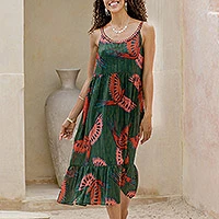 Sommerkleid aus Baumwollmischung, „Parrot Playground“ – Sommerkleid aus Baumwollmischung mit Papageienmuster und Spiegelpailletten