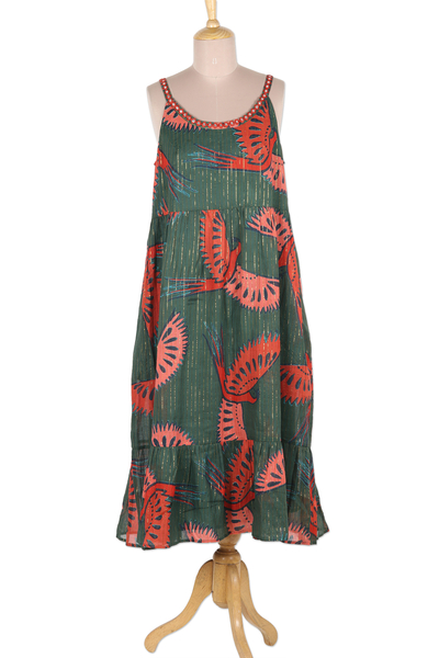 Cotton blend sundress, 'Parrot Playground' - Cotton Blend Sundress with Parrot Print and Mirror Sequins