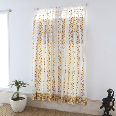 Embroidered cotton curtains, 'Sunny Vines' (pair) - Handcrafted Embroidered Leafy Cotton Curtains (Pair)