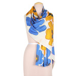Wool shawl, 'Cheerful Blossoms' - Stitch-Accent Wool Shawl with Screen-Printed Floral Motifs
