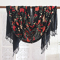Embroidered wool shawl, 'Kashmir Blooms' - Chain-Stitched Embroidered Wool Shawl with Floral Motifs