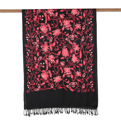 Embroidered wool shawl, 'Kashmir Dreams' - Floral-Themed Wool Shawl with Chain-Stitched Embroidery