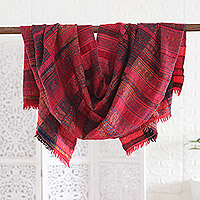 Wool shawl, 'Delightful Flare' - Fringed Jacquard Wool Shawl with Stripes Woven in India