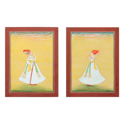 'Mughal King & Queen' (diptych) - Stretched Traditional Impressionist Diptych Painting