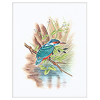 'El martín pescador' - Pintura impresionista firmada con temática de aves de la India