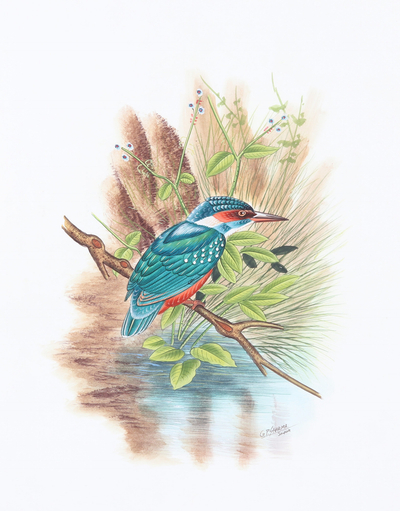 'The Kingfisher' - Bird-Themed Signed Impressionist Painting from India