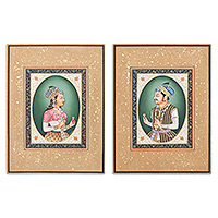'Jahangir & Nurjahan' (díptico) - Pintura de retrato de díptico estirado hecha con tintes naturales