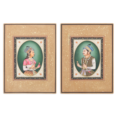 'Jahangir & Nurjahan' (díptico) - Retrato díptico estirado hecho con tintes naturales