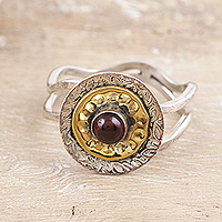 Garnet cocktail ring, 'Perseverant Spring' - Floral Sterling Silver and Brass Cocktail Ring with Garnet