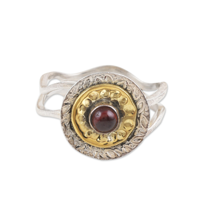 Garnet cocktail ring, 'Perseverant Spring' - Floral Sterling Silver and Brass Cocktail Ring with Garnet