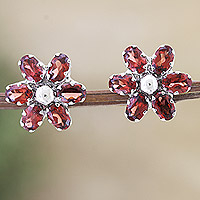 Rhodium-plated garnet button earrings, 'Perseverance Petals' - Floral Rhodium-Plated Button Earrings with Garnet Stones