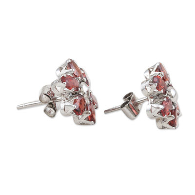 Rhodium-plated garnet button earrings, 'Perseverance Petals' - Floral Rhodium-Plated Button Earrings with Garnet Stones