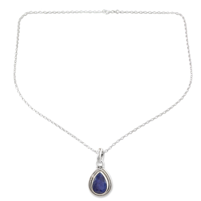 Sapphire pendant necklace, 'Halo Effect in Heaven' - Sterling Silver Pendant Necklace with 3-Carat Sapphire Jewel