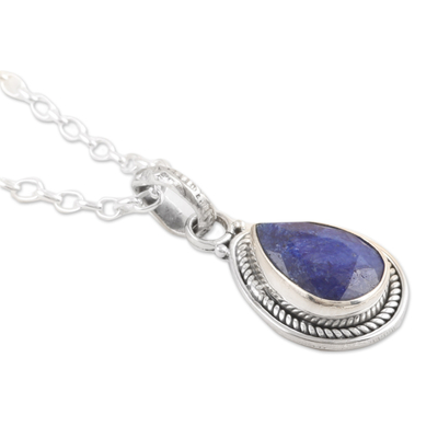 Sapphire pendant necklace, 'Halo Effect in Heaven' - Sterling Silver Pendant Necklace with 3-Carat Sapphire Jewel