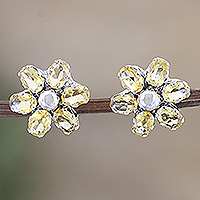 Rhodium-plated citrine button earrings, 'Prosperity Petals'