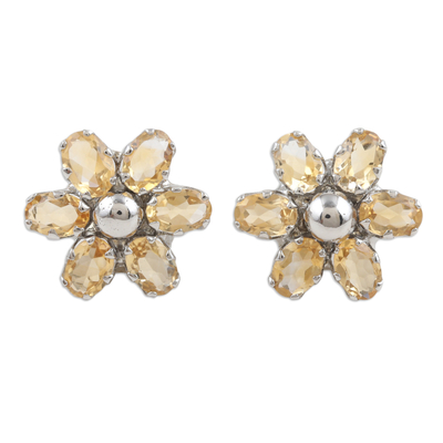Rhodium-plated citrine button earrings, 'Prosperity Petals' - Floral Rhodium-Plated Button Earrings with Citrine Jewels