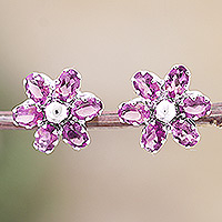 Pendientes botón rodiados con amatista, 'Wisdom Petals' - Pendientes florales rodiados con botón y joyas de amatista