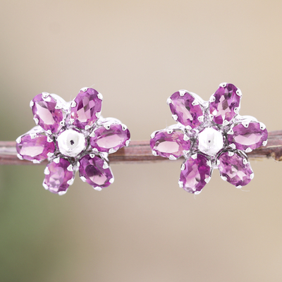 Rhodium-plated amethyst button earrings, 'Wisdom Petals' - Floral Rhodium-Plated Button Earrings with Amethyst Jewels