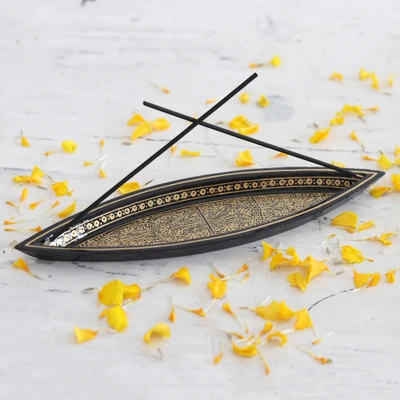 Wood incense holder, 'Midnight Scents' - Handcrafted Traditional Wood Incense Holder in Warm Hues