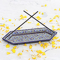 Wood incense holder, 'Palace Scents' - Handcrafted Geometric Wood Incense Holder in Cool Hues