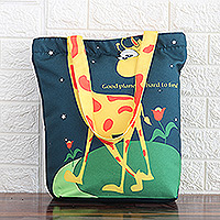 Cotton tote bag, 'Life on Planet' - Cotton Tote Bag with Printed Giraffe Motif Made in India