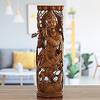 Escultura en madera de teca, 'Sublime Music' - Escultura en madera de teca tallada a mano de Krishna tocando la flauta