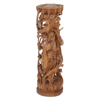 Escultura de madera de teca - Escultura de madera de teca tallada a mano de Krishna tocando la flauta