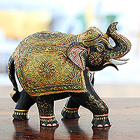 Wood sculpture, 'Elephant Grandness' - Wood Elephant Sculpture Carved and Painted by Hand in India