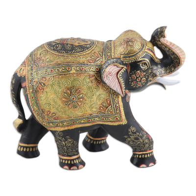 Wood Elephant Sculpture Carved and Painted by Hand in India