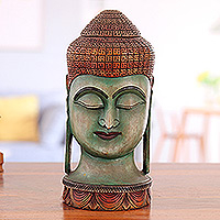 Wood sculpture, 'Calmness' - Hand-Carved Wood Sculpture of Buddha with Distressed Finish