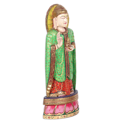 Escultura en madera, 'Buda de pie' - Escultura de Buda de pie en madera tallada y pintada a mano