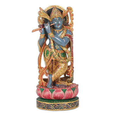 Kadam Wood Krishna Sculpture Carved and Painted by Hand
