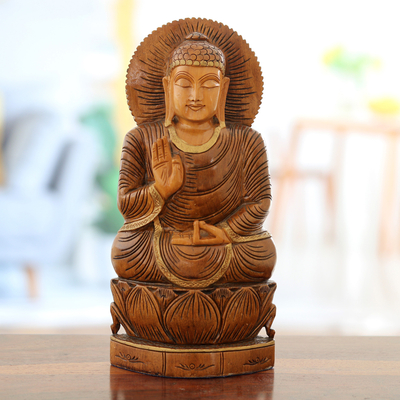 Holzskulptur, 'Verloren in Meditation' - Betende Buddha-Skulptur Handgeschnitzt aus Holz in Indien