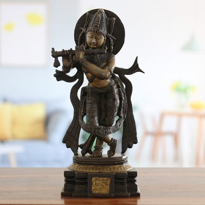 Escultura de latón - Escultura de bronce de Krishna con acabado envejecido de la India