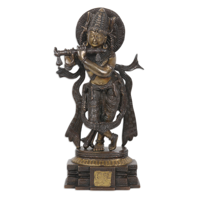 Brass Sculpture of Krishna with Antiqued Finish From India