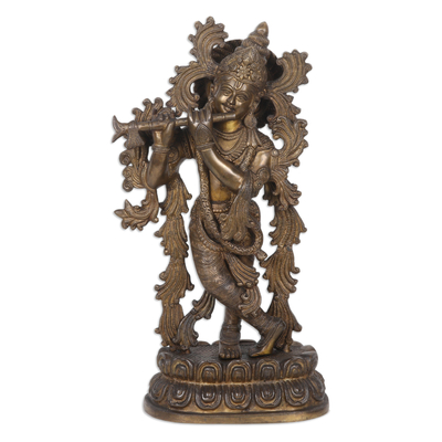 Brass Hindu God Krishna Sculpture with Antiqued Finish