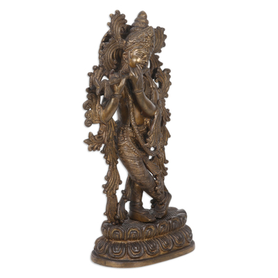 Escultura de latón - Escultura de latón hindú Dios Krishna con acabado envejecido