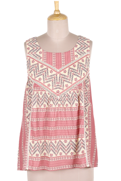 Cotton tank top, 'Rosewood Spring' - Floral Rosewood and Beige Cotton Tank Top Crafted in India