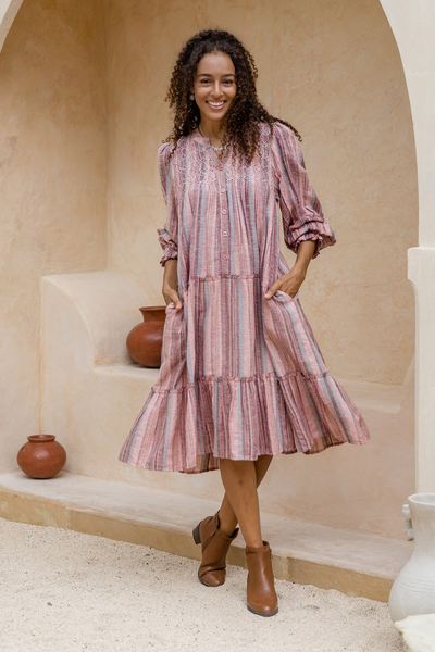 Embroidered cotton a-line dress, 'Between Sweet Lines' - colourful Striped Embroidered Cotton A-Line Dress from India