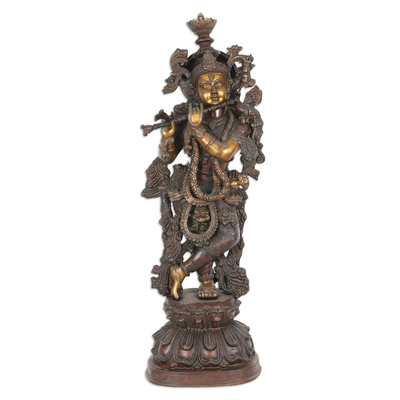 Krishna Brass Sculpture with Antiqued Finish Made in India