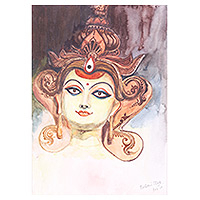 'Diosa Durga' - Pintura de acuarela estirada firmada de la deidad hindú