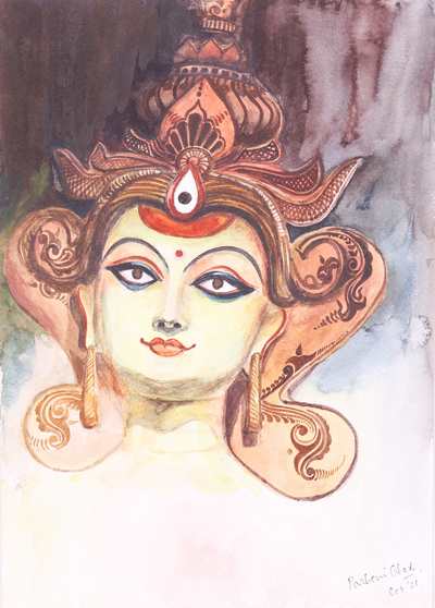 'Goddess Durga' - Pintura de acuarela estirada firmada de la deidad hindú