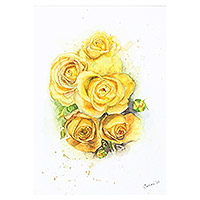 'Ramo de rosas' - Pintura de acuarela estirada firmada de ramo amarillo