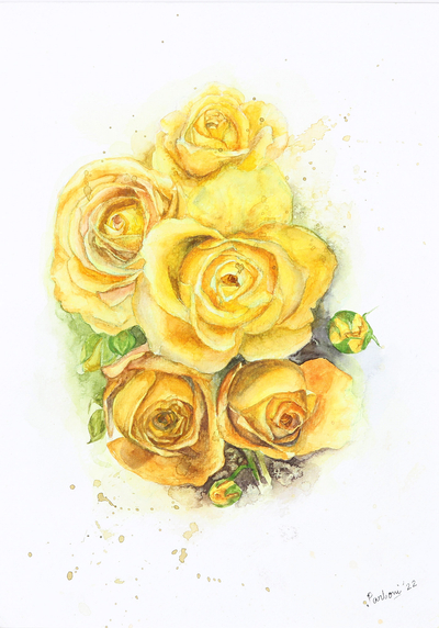 'Bunch of Roses' - Signed Stretched Watercolour Painting of Yellow Bouquet