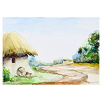 'Indian Village' - Pintura de paisaje de acuarela estirada firmada de la India
