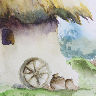 'Indian Village' - Signed Stretched Watercolor Landscape Painting from India