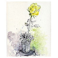 'Yellow Rose' - Signed Unstretched Watercolor Floral Painting from India