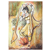 'Diosa Saraswati' - Pintura floral de acuarela estirada firmada de la deidad hindú