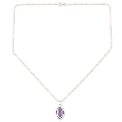 Amethyst pendant necklace, 'Sage's Gaze' - Sterling Silver Pendant Necklace with Amethyst Cabochon